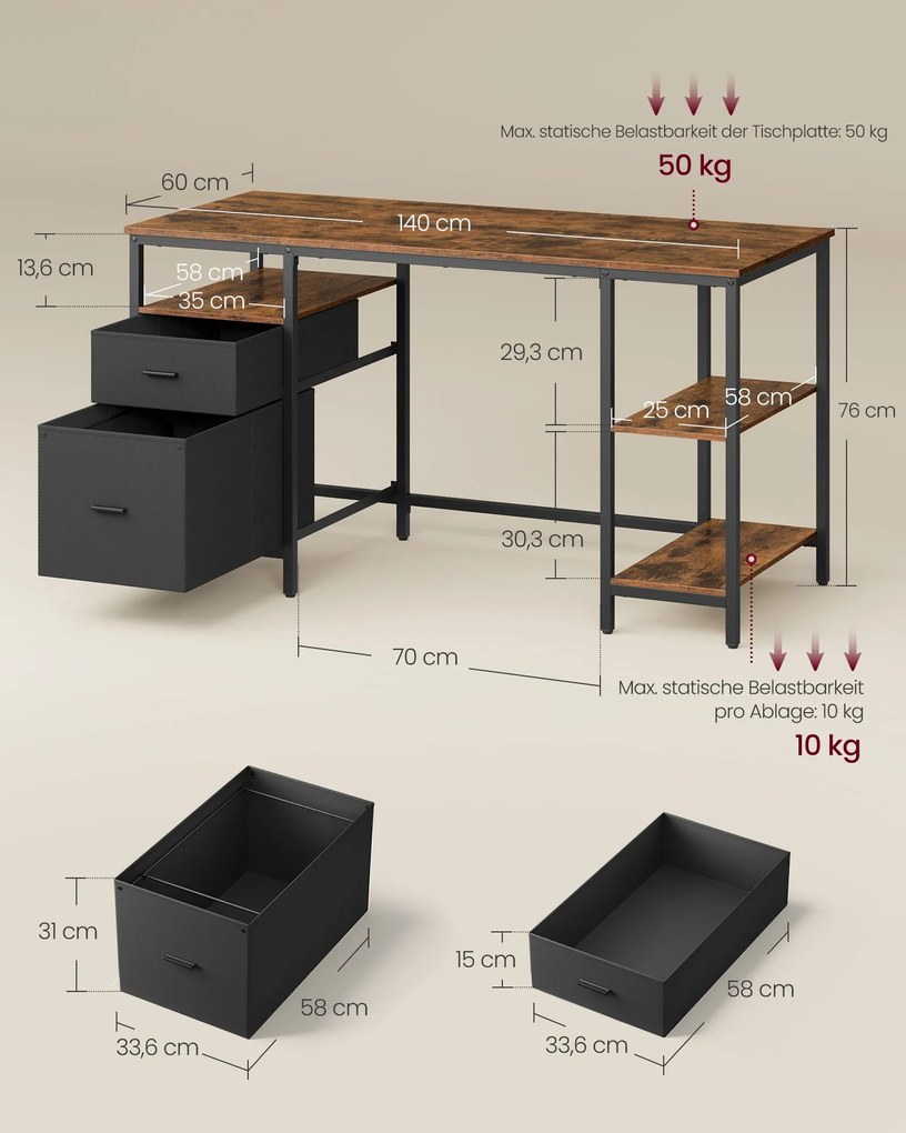 Secretária de computador 60 x 140 x 76 cm com 3 prateleiras e 2 gavetas Castanho Vintage-preto