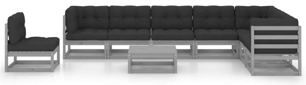 9 pcs conjunto lounge de jardim + almofadões pinho maciço cinza