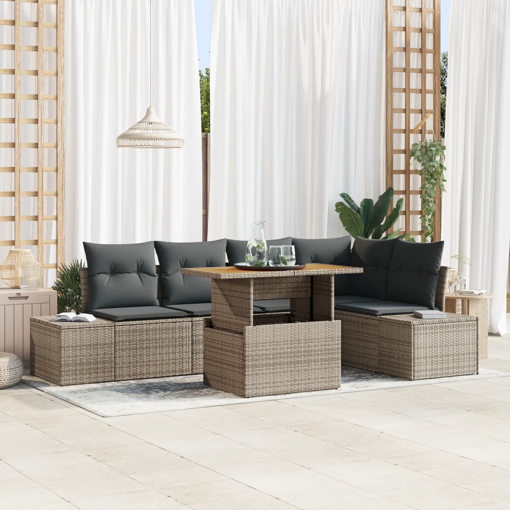 Conjunto de Jantar de 6 Peças com Almofadas Cinza Rattan Acácia