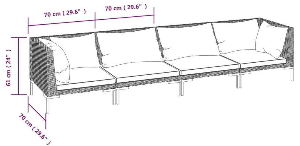 4 pcs conj. lounge jardim c/ almofadões vime PE cinza-escuro