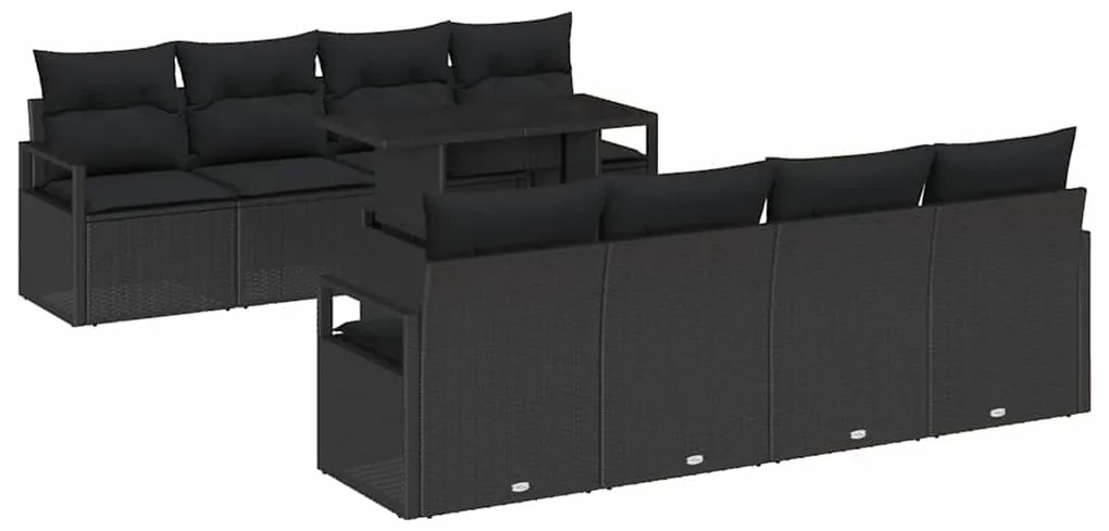 Conjunto de Sofá de Jardim de 9 Peças com Almofadas Preto Rattan PE