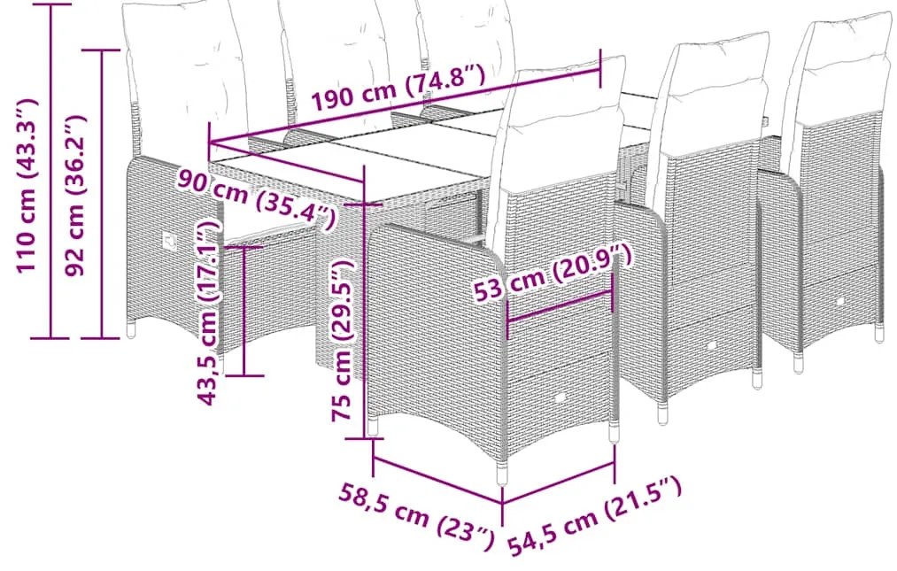 7 pcs conjunto de bistrô para jardim c/ almofadões vime PE bege