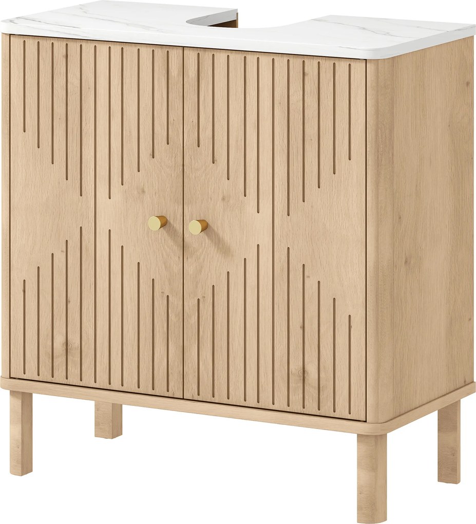 Móvel de casa de banho 60 x 30 x 63 cm para lavatório (NÃO INCLUIDO), com prateleira ajustável e bancada com efeito de mármore, , em cor carvalho