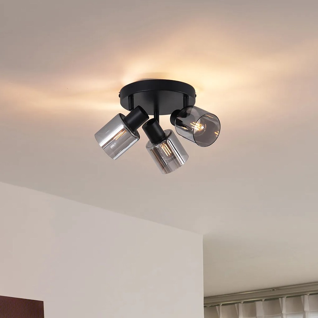 Plafon Moderno Redondo Preto 3 Luzes com Vidro Fumê - Cilin