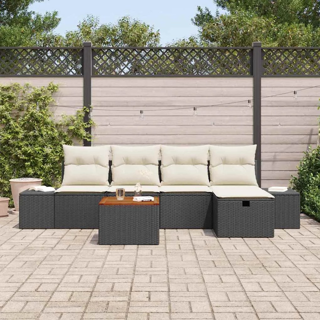 Conjunto de Sofá de Jardim com 6 Peças e Almofadas em Rattan Preto