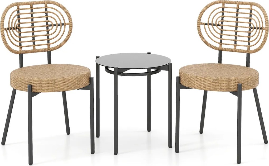 Conjunto jardim PE e Rattan 3 Peças com Mesa de Café em Vidro Temperado e 2 cadeiras para Varanda, Terraço e Pátio Caqui