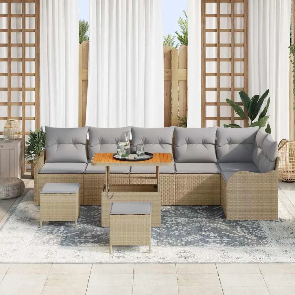 Conjunto de Sofá de Jardim com 9 Peças, Almofadas Bege, em Rattan e Ac