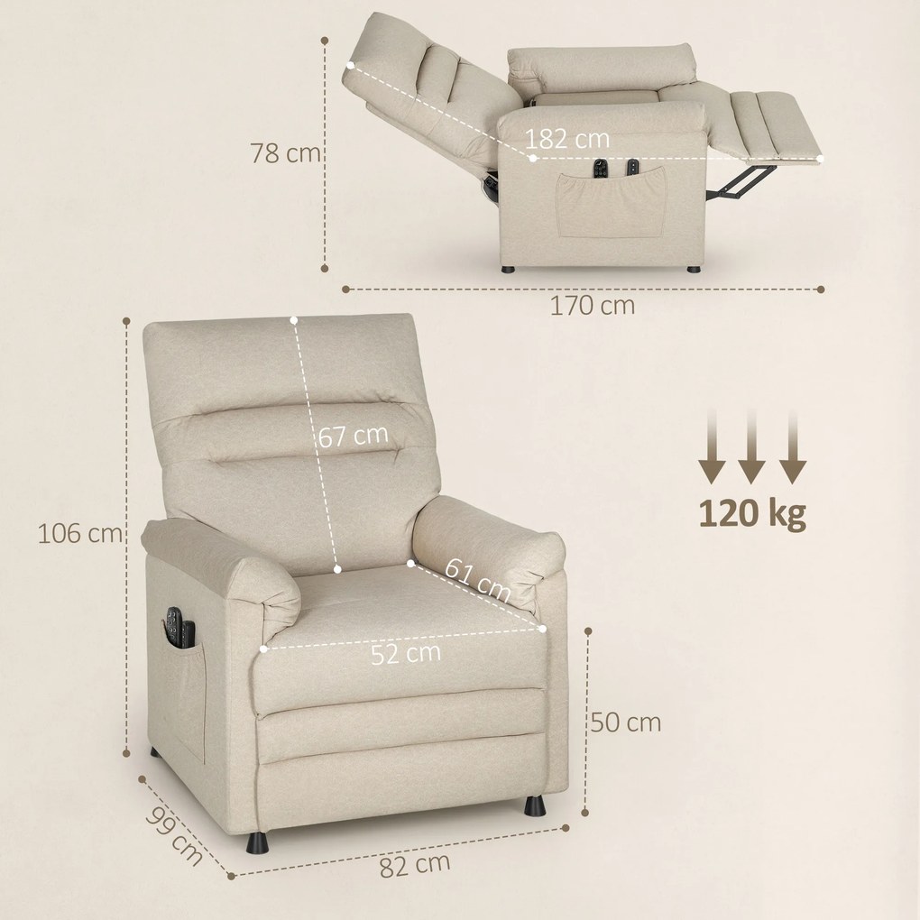 Poltrona Relax com Aquecimento Lombar e Massagem por Vibração Reclinável USB e Função de Memória 82x99x106 cm Bege