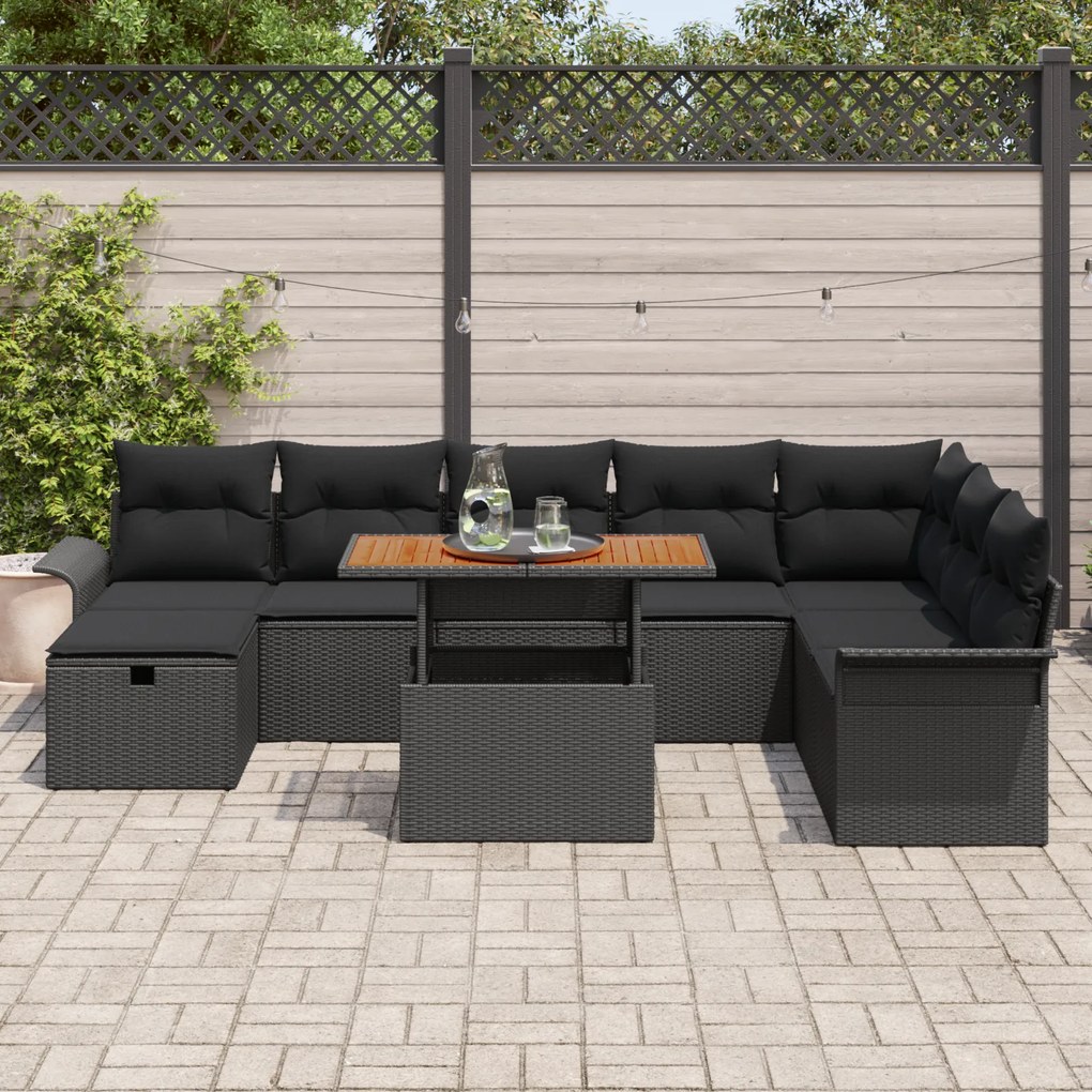 Conjunto de Sofá de Jardim de 9 Peças com Almofadas Preto de Rattan