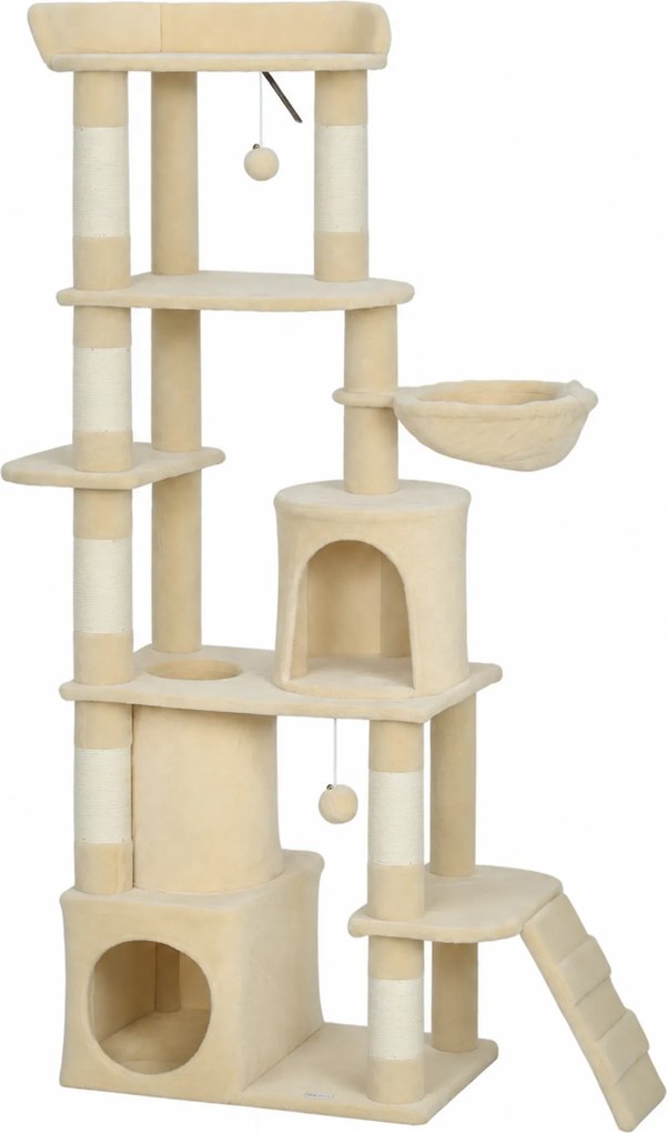 PawHut Arranhador para Gatos Grande com 7 Postes 1 Túnel 3 Plataformas 2 Cavernas 1 Rede 1 Poleiro 1 Rampa Pompons 60x40x170 cm Bege | Aosom Portugal