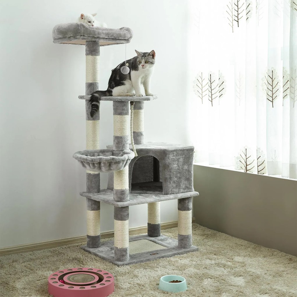 Arranhador do gato com torre alta 55 x 40 x 138 cm cinzento