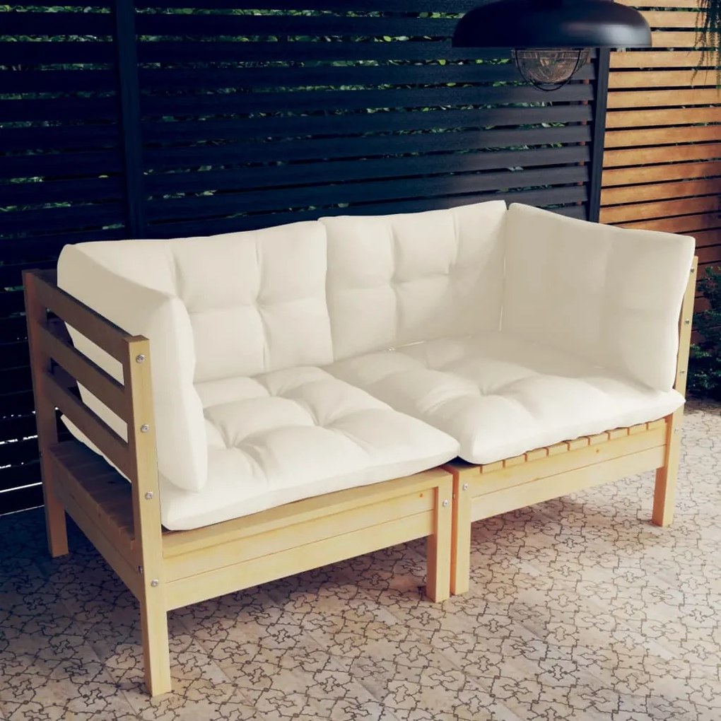 3096010 vidaXL Sofá de jardim 2 lugares com almofadões cor creme pinho maciço