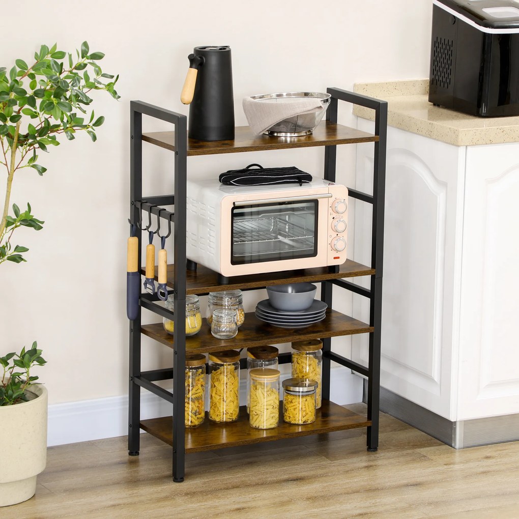 Estante de Cozinha com 4 Prateleiras Ganchos e Sistema Anti-Tombo Estante para Micro-Ondas 65x30x102 cm Castanho Rústico e Preto