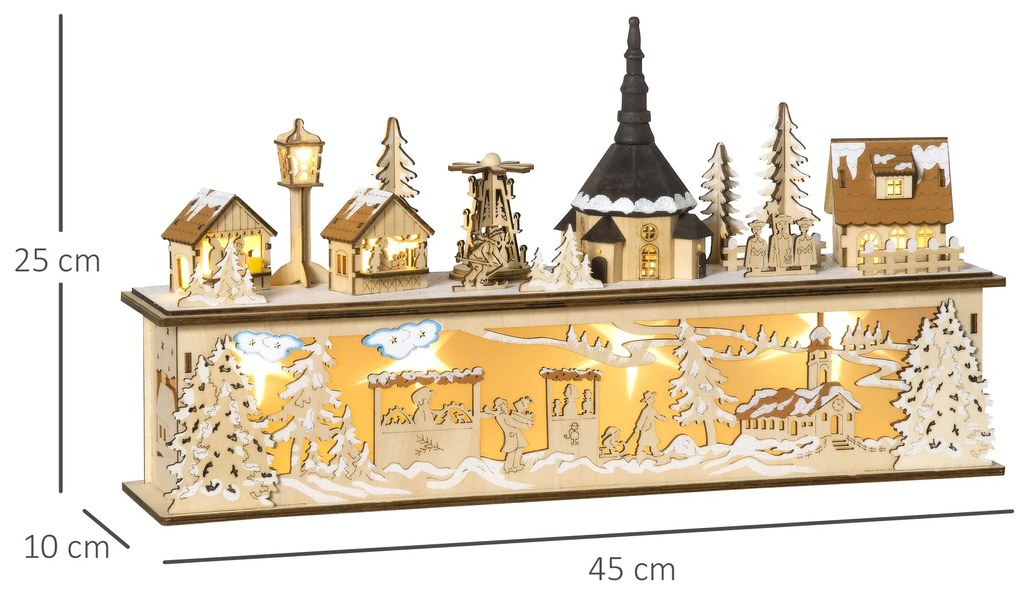Casa de Vila de Natal com 10 Luzes Cena Natalícia Iluminada Decoração de Natal para Escritório Mesa Lareiras 45x10x25cm Madeira