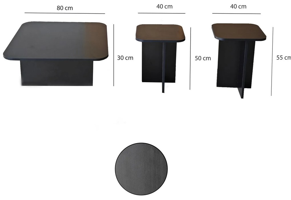 Conjunto de Mesas de Café Blues – Preto – 40x50x40 cm / 40x55x40 cm /