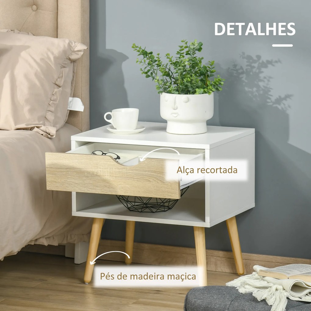 HOMCOM Conjunto de 2 Mesas de Cabeceira Mesa Auxiliar com 1 Gaveta e Prateleira de Armazenamento para Dormitório Sala de Estar Escritório Estilo Moderno 50x39x51cm Branco e Carvalho