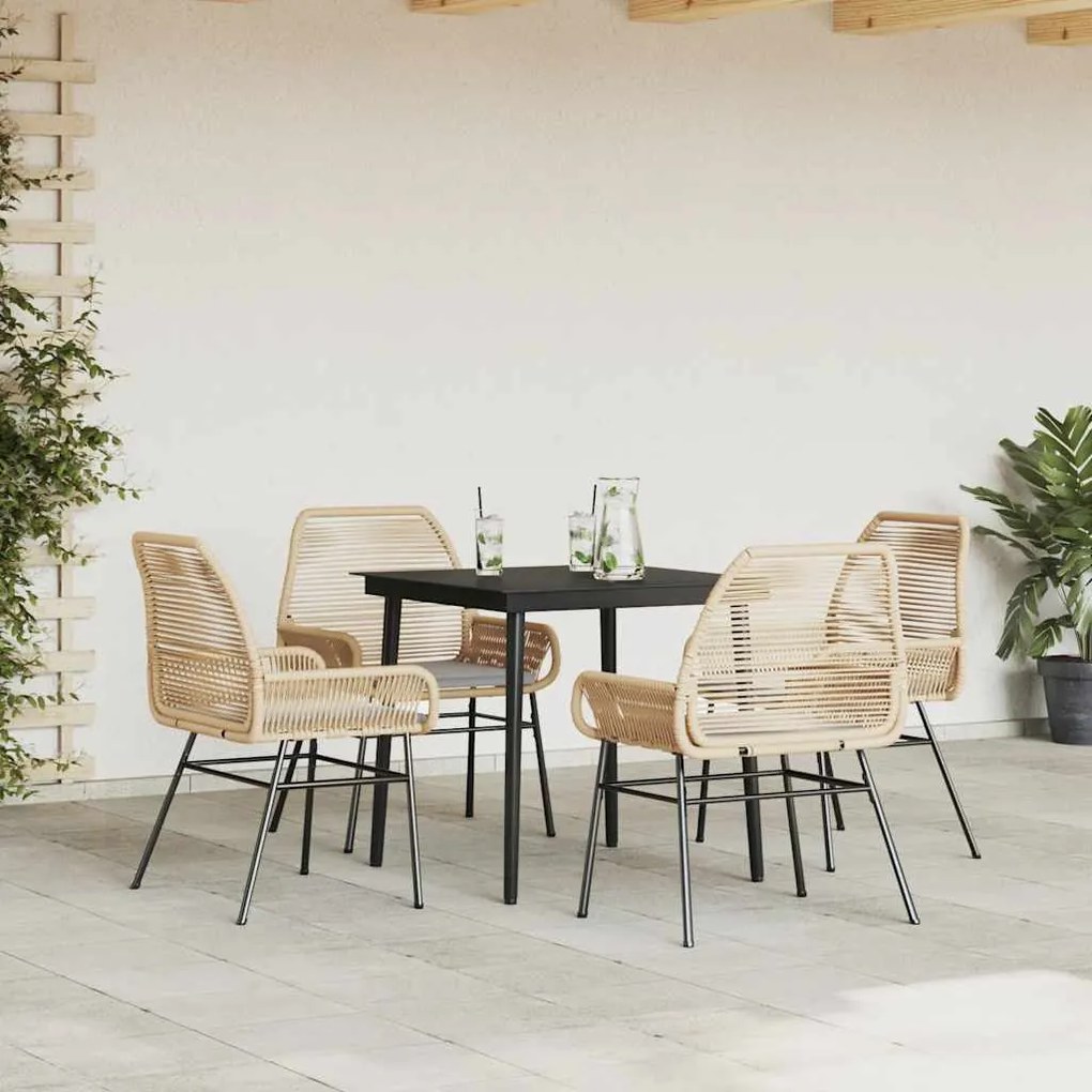 Conjunto jantar jardim 5 peças almofadas vidro vime PE castanho