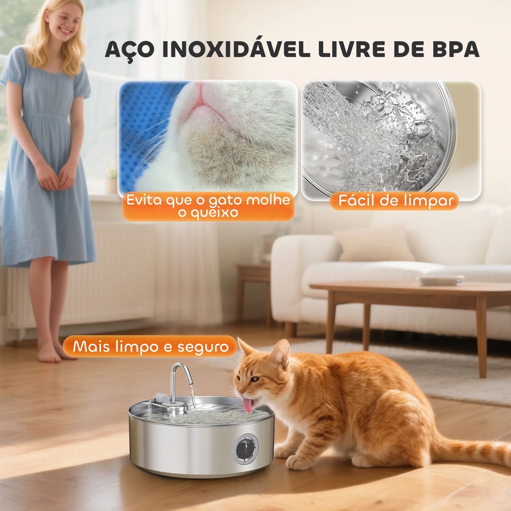 Fonte para Gatos em Aço Inoxidável 7L Silencioso Fonte de Água para Animais Automática com Sistema de Filtros Luz LED 30,5x31,2x19,3 cm Prata
