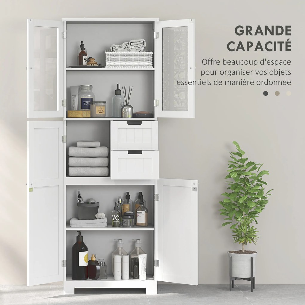 Armário de Casa de Banho Alto, 60 x 30 x 170 cm, 4 Portas e 2 Gavetas, Branco