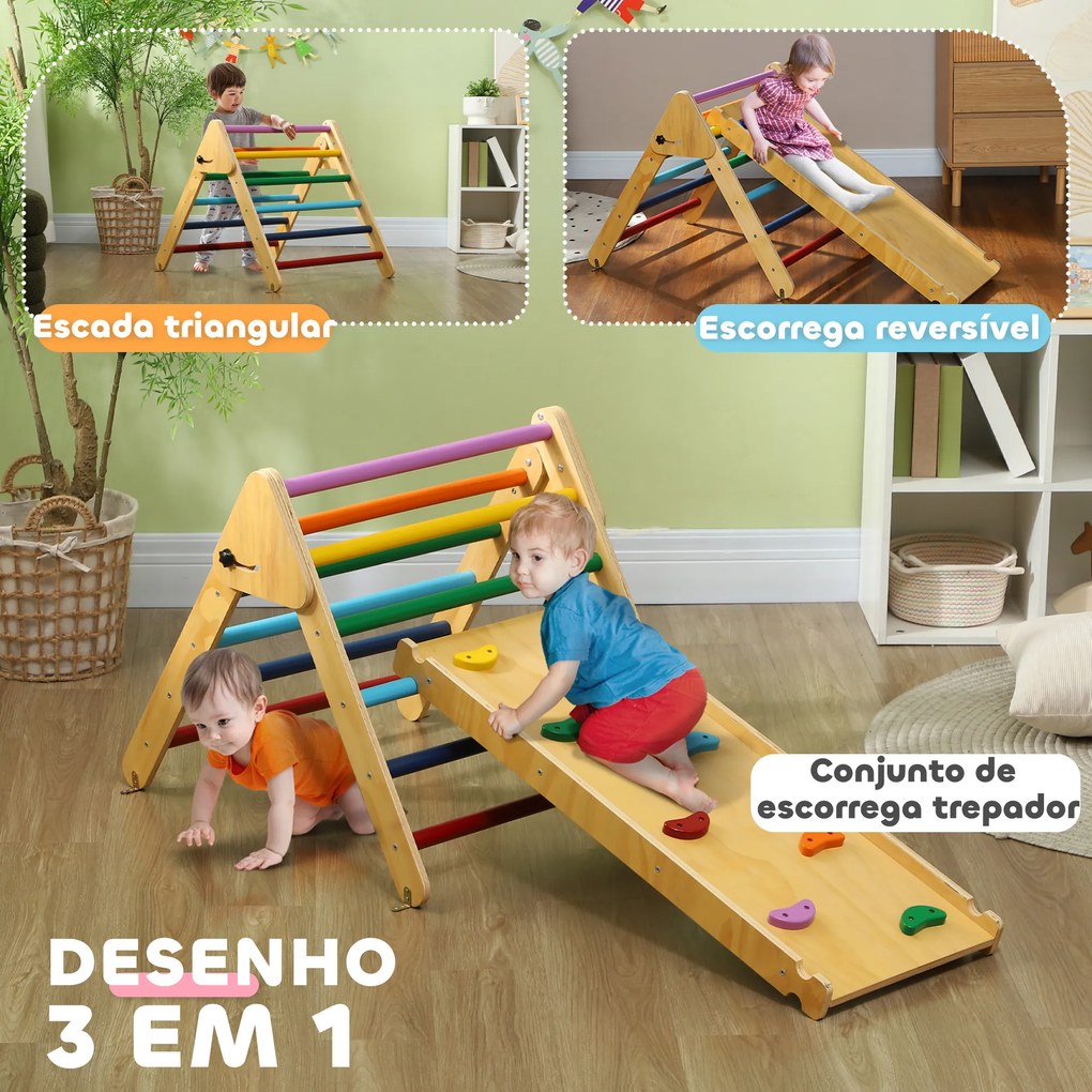 Triângulo de Escalada de Madeira 2 em 1 Escalada para Crianças de 18-48 Meses com Rampa para Deslizar ou Escalar 147x64,5x63 cm Multicor