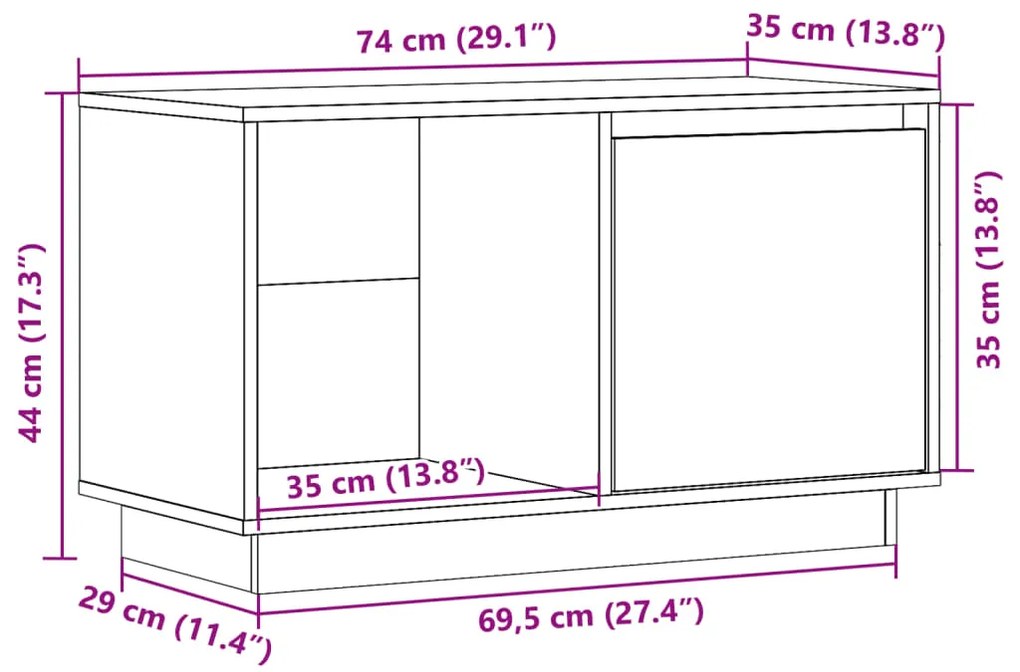 Móvel de TV 74x35x44 cm madeira de pinho maciça branco