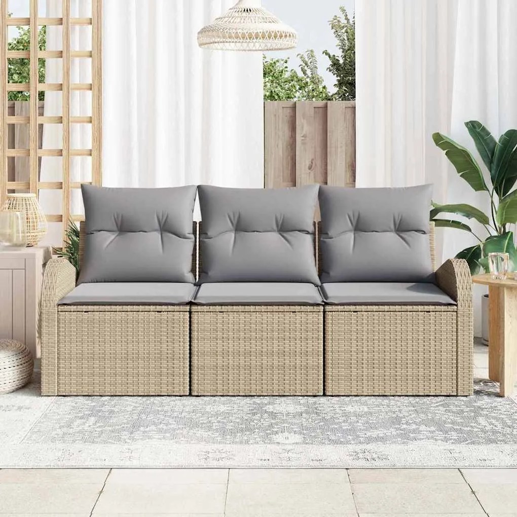 Conjunto de Sofá de Jardim 3 Peças com Almofadas Bege em Rattan Sintét