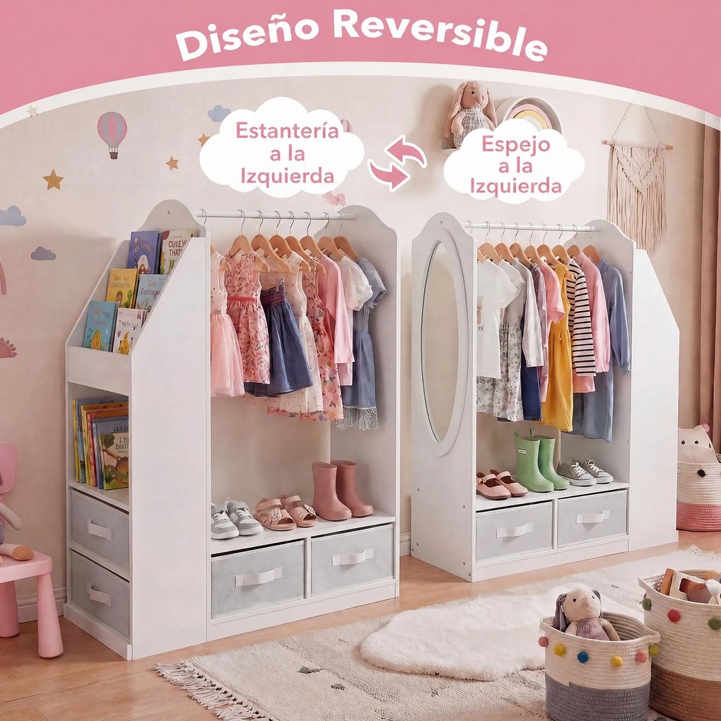 Armário Infantil com Espelho, 81 x 37 x 108 cm, Arrumação Multifuncional, Branco