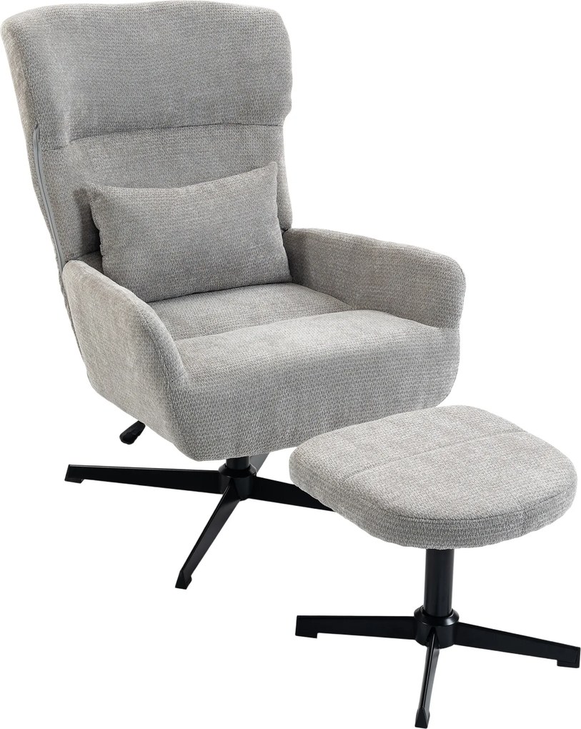 HOMCOM Poltrona Lounge giratória 360° com Pufe, altura ajustável, revestimento em chenille, com almofada lombar, Branco Creme | Aosom Portugal