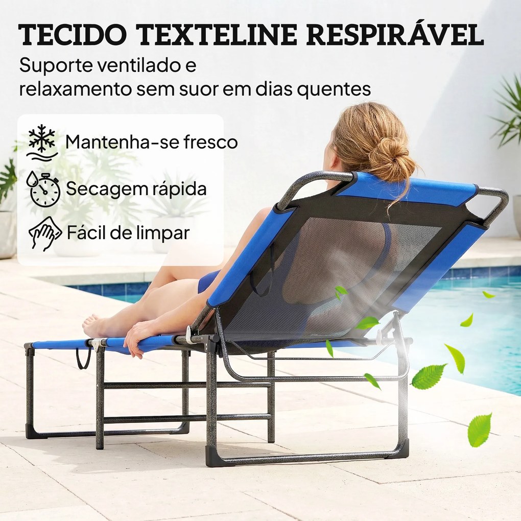 Espreguiçadeira Dobrável com Encosto Ajustável em 4 Posições Alças e Encosto de Textilene Suporta até 120 kg 175x58x68 cm Azul