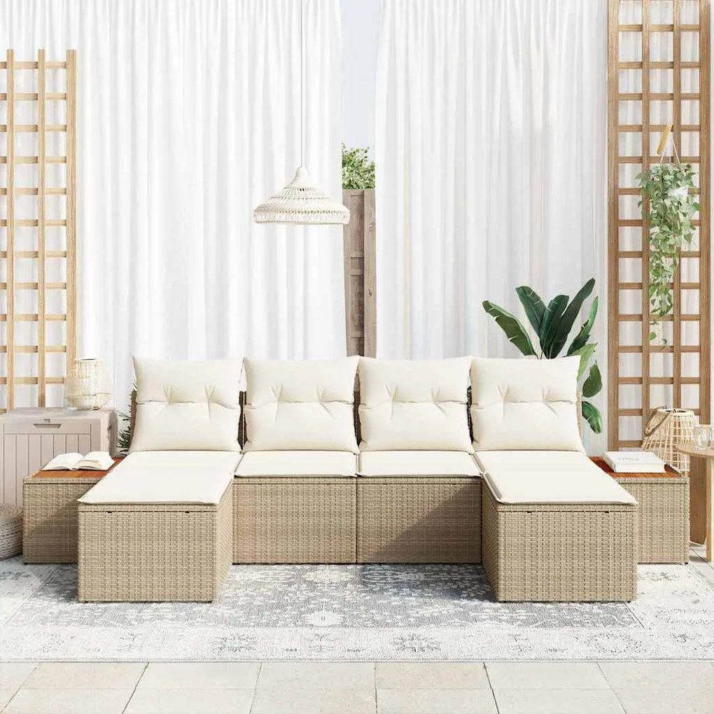 Conjunto de Sofás de Jardim 6 Peças com Almofadas Bejas em Rattan Sint