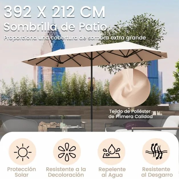 Guarda-sol de 392 cm com dupla face, grande, tamanho duplo, com manivela e 12 varas resistentes para jardim Bege