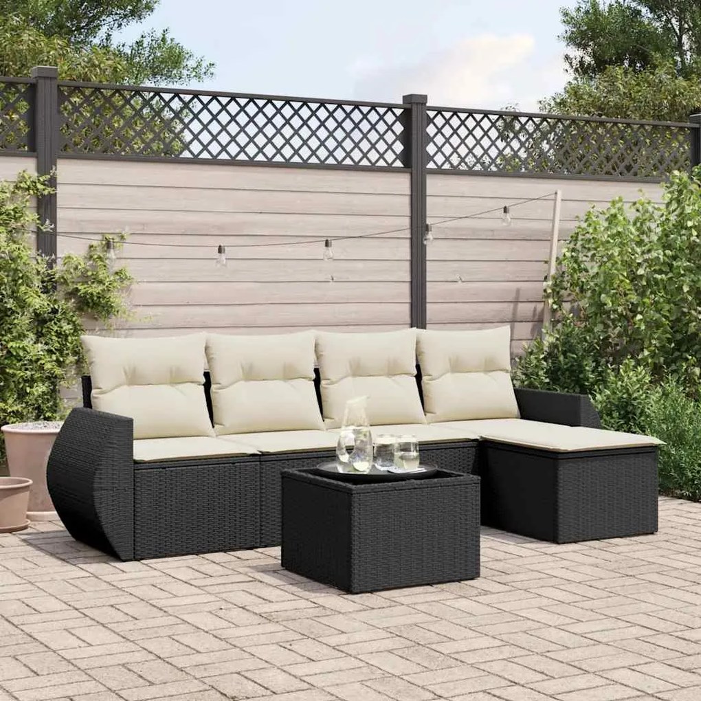 6 pcs conjunto sofás de jardim c/ almofadões vime PE preto