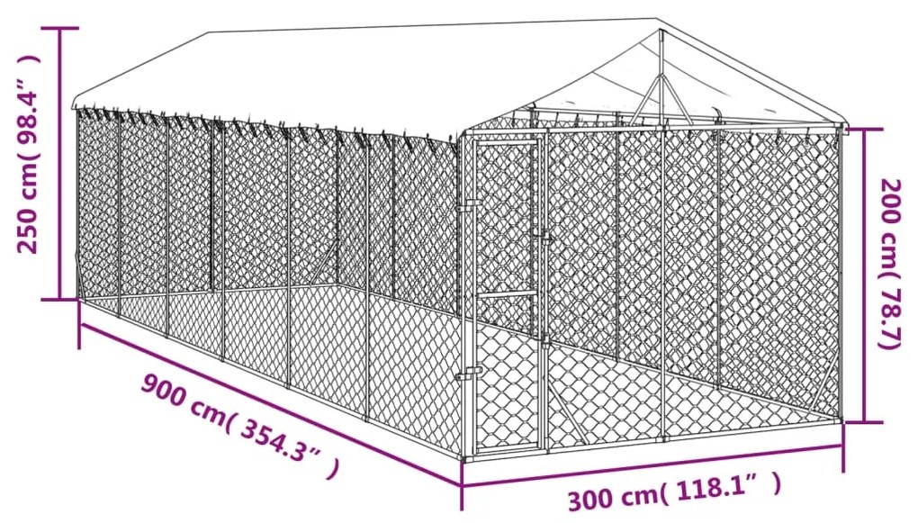 Canil de exterior com teto 3x9x2,5 m aço galvanizado prateado