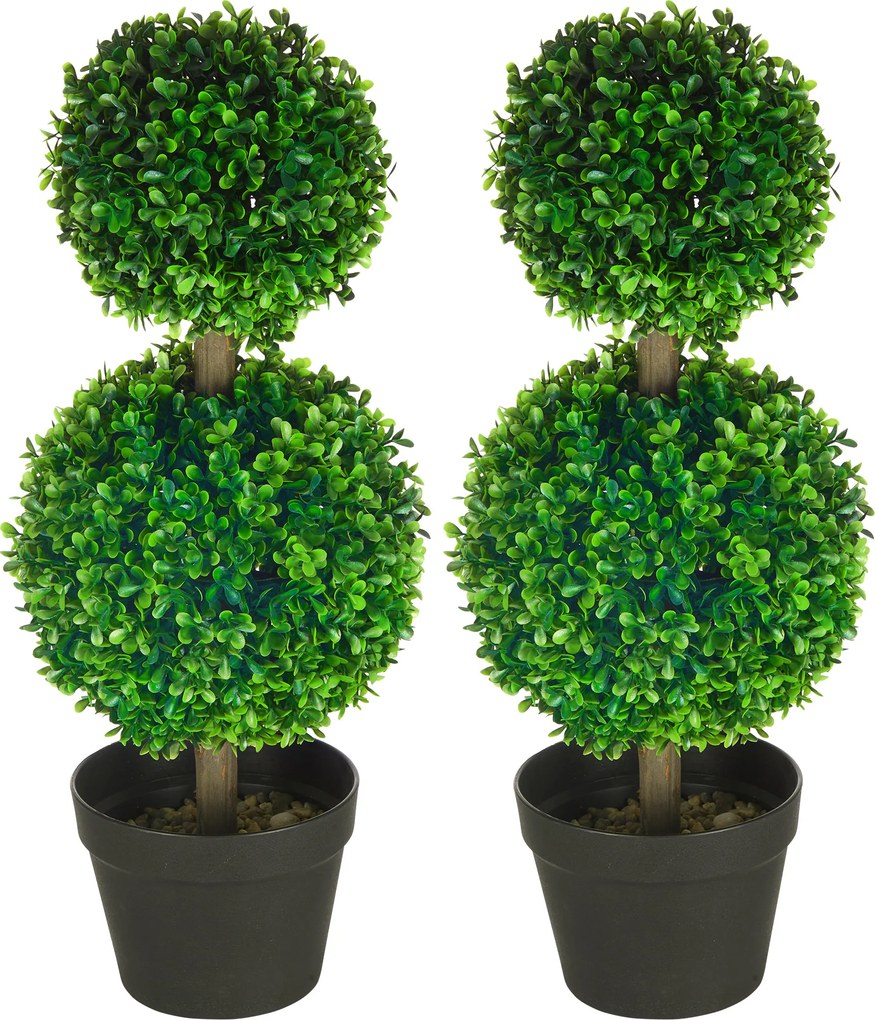 Conjunto de 2 árvores artificiais de buxo com duas esferas, incluindo tronco e vaso - altura 60 cm, verde