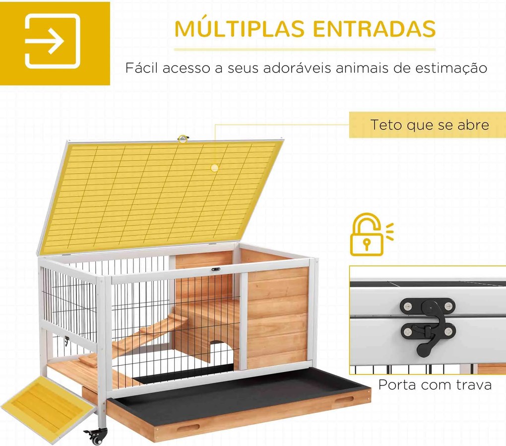Coelheira de Madeira Gaiola de para Pequenos Animais Portátil com Teto Abatível Rampa Bandeja Amovível 90x53x59cm Madeira