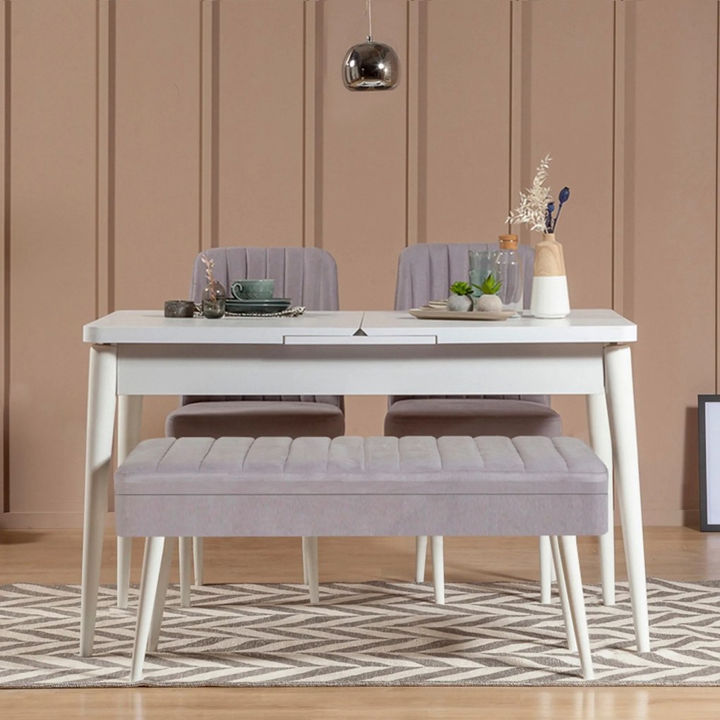 Conjunto de Mesa de Jantar Extensível Vina – Branco e Cinzento – Mesa