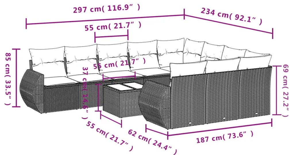 11 pcs conjunto sofás de jardim c/ almofadões vime PE cinzento