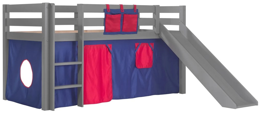 Conjunto Cama alta de Criança PINO 90 x 200 cm + estrado + escada + escorrega + cortina Domino Cinzenta