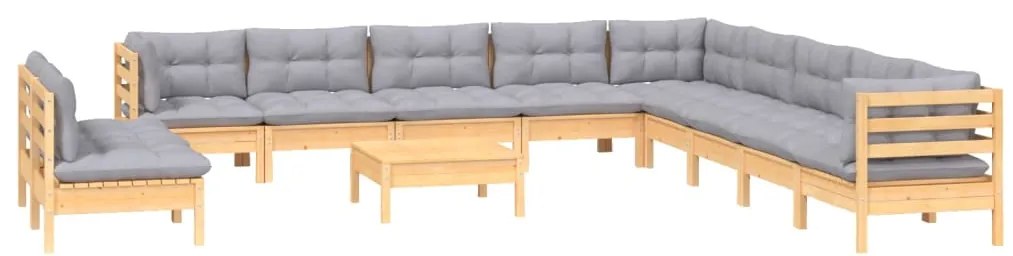 12pcs conjunto lounge de jardim + almofadões cinza pinho maciço