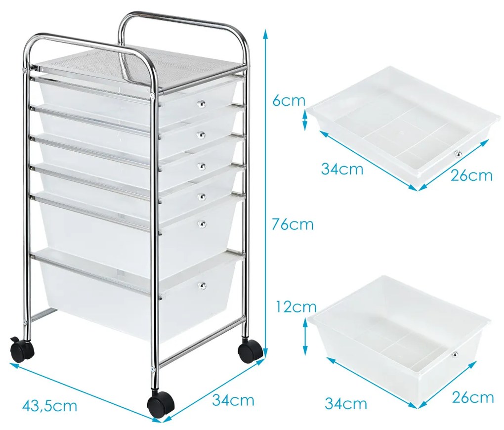 Carrinho com rodas auxiliar de armazenamento com 6 gavetas empilháveis removíveis para cozinha ou escritório 34 x 43,5 x 76 cm Transparenete