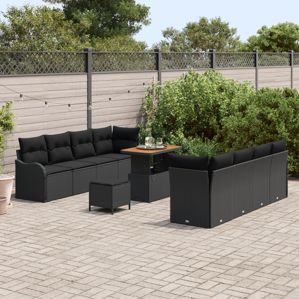 Conjunto de Sofá de Jardim vidaXL com Almofadas Preto Poliratan Acácia