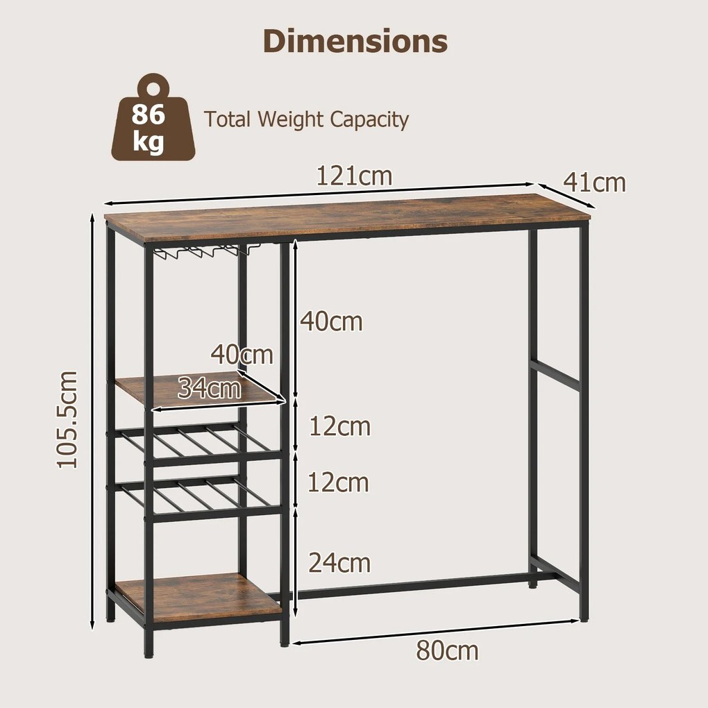 Mesa de cozinha, bar com compartimentos de arrumação e prateleiras para vinho e suportes para copos