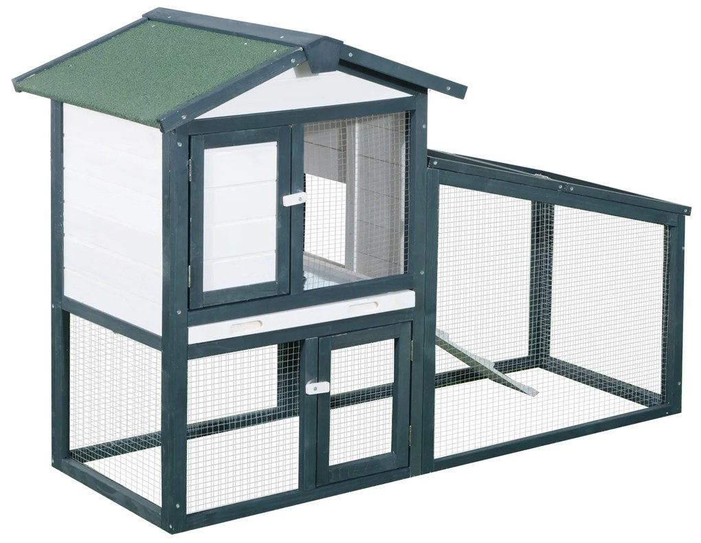 PawHut Gaiola de madeira para coelhos ao ar livre 2 níveis com bandeja removível e várias entradas telhado asfáltico Galinhas cobaias 140x65x100 cm Verde