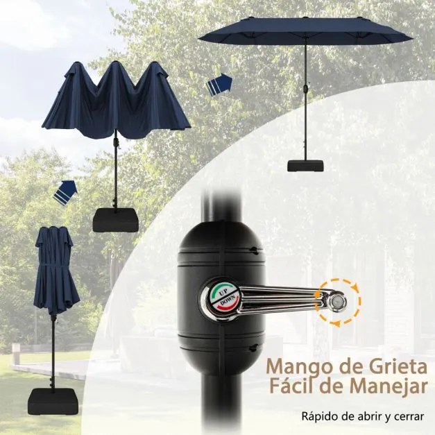 Guarda-sol duplo 400x200 cm jardim duplo para exterior com base recarregável, manivela e 12 varas de alta resistência Azul Marinho