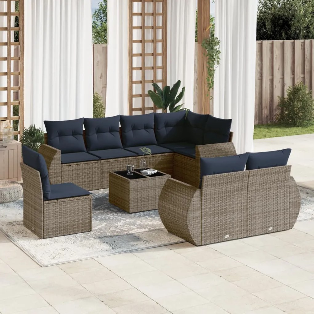 vidaXL 9 pcs conjunto sofás p/ jardim c/ almofadões vime PE cinzento