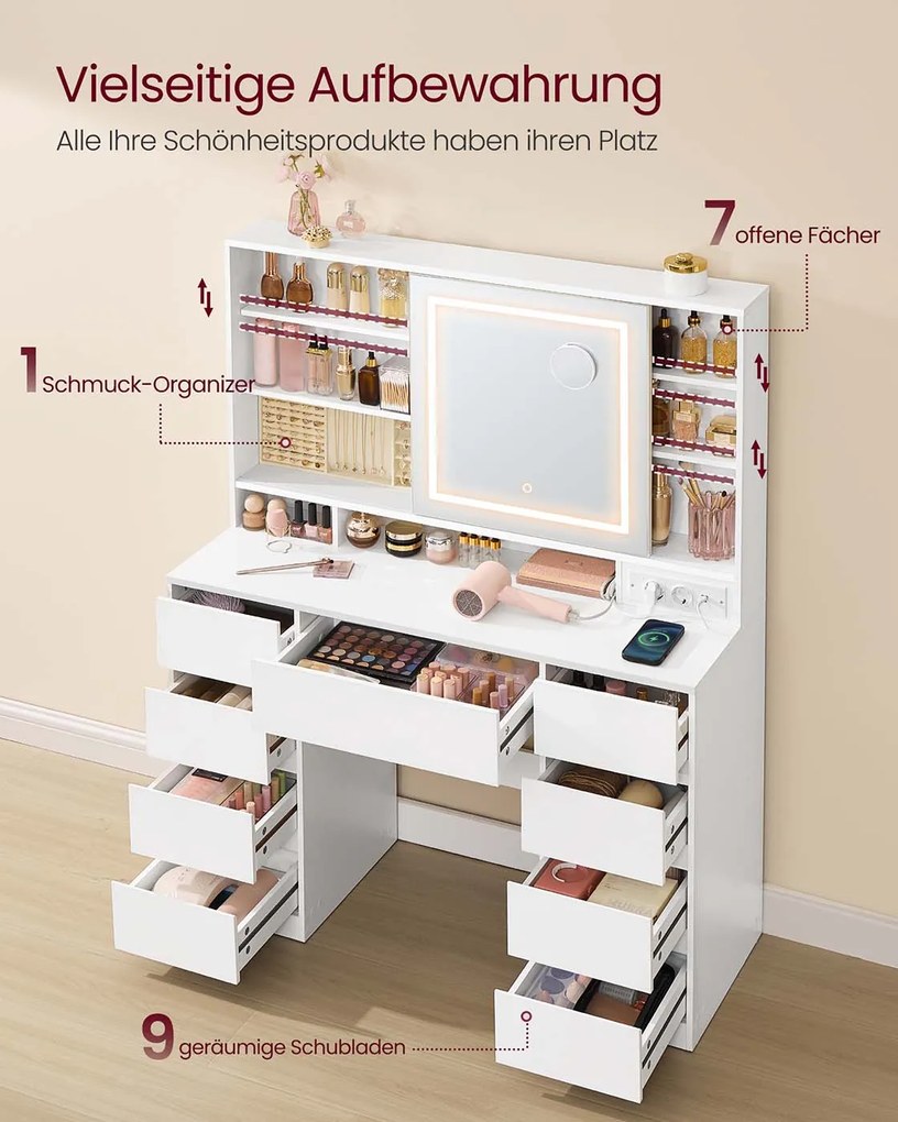 Toucador 40 x 110 x 141,5 cm com espelho LED (BANCO NÃO INCLUIDO), tomada e nove gavetas Branco nuvem