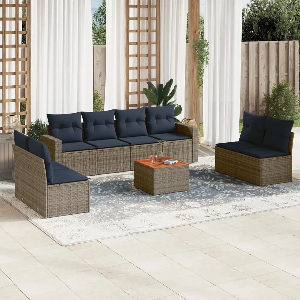 9 pcs conjunto sofás p/ jardim c/ almofadões vime PE cinzento