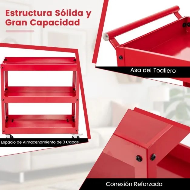 Carrinho 77,5 x 38 x 79 cm de 3 níveis de alta capacidade de metal com 3 prateleiras e pega ergonómica com Rodas para cozinha. escritorio Garagem Verm