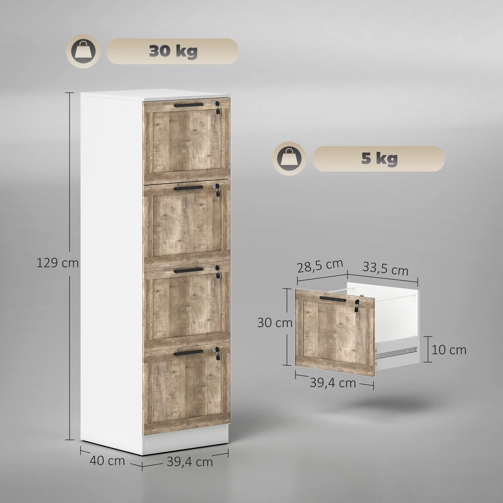 Bloco de Gavetas de Escritório com 4 Gavetas Fecho e 2 Chaves e Barras para Pendurar A4 Carta 39,4x40x129 cm Branco e Madeira