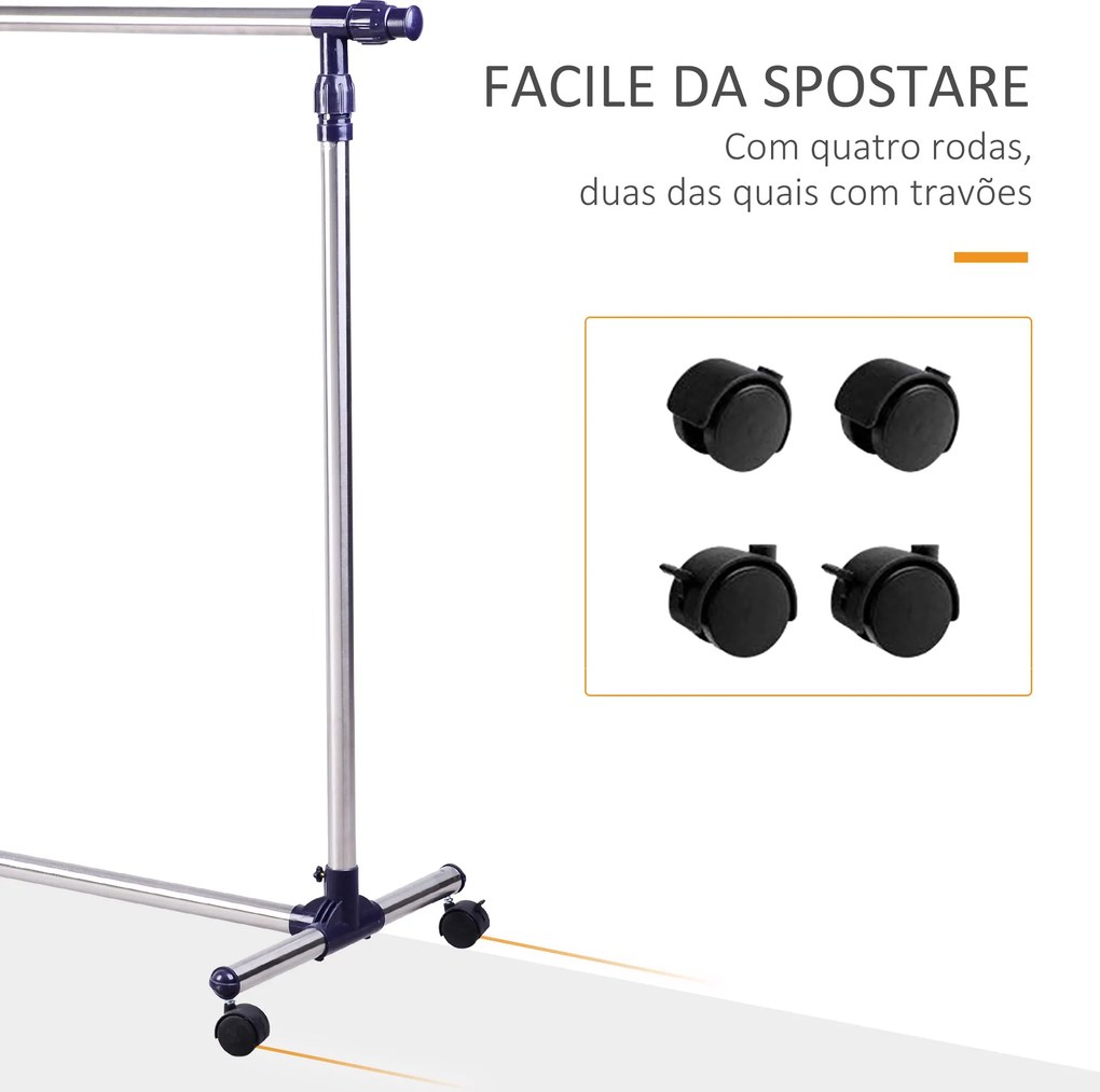 Charriot com Altura Ajustável Cabideiro com Rodas para Roupas Aço Inoxidável 86-160x45x95-170cm Prata e Preto